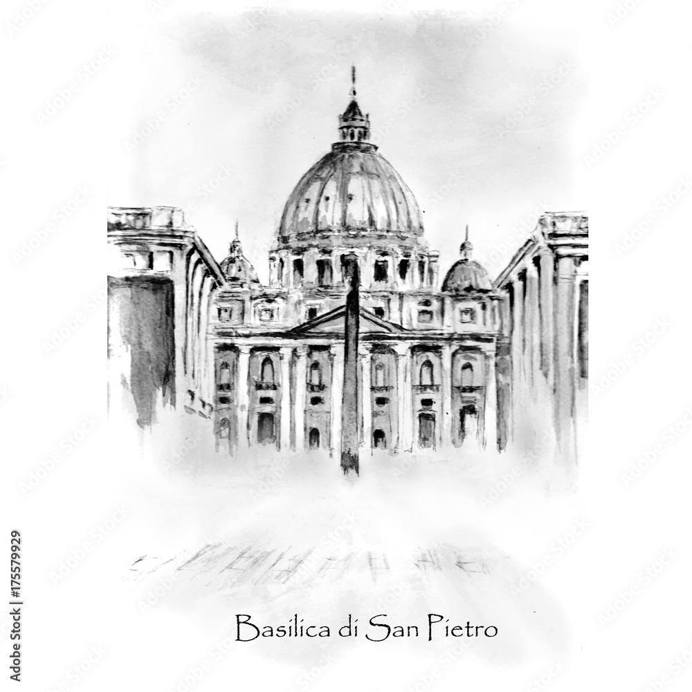St. Peter's Basilica.Hand drawn watercolor illustration. Rome. Italy.