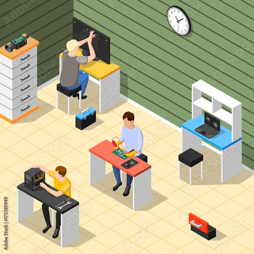 Staff In Service Centre Isometric Composition