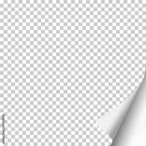 Transparent paper sheet with curled lower right, white on the reverse side, corner and soft shadow. Vector paper template.
