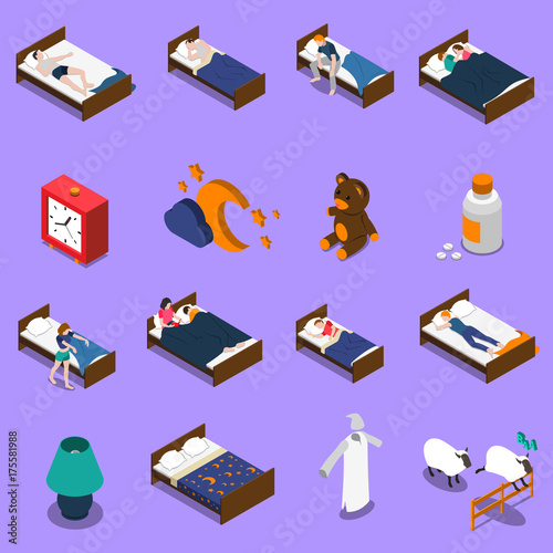 Sleep Time Isometric Icons Set