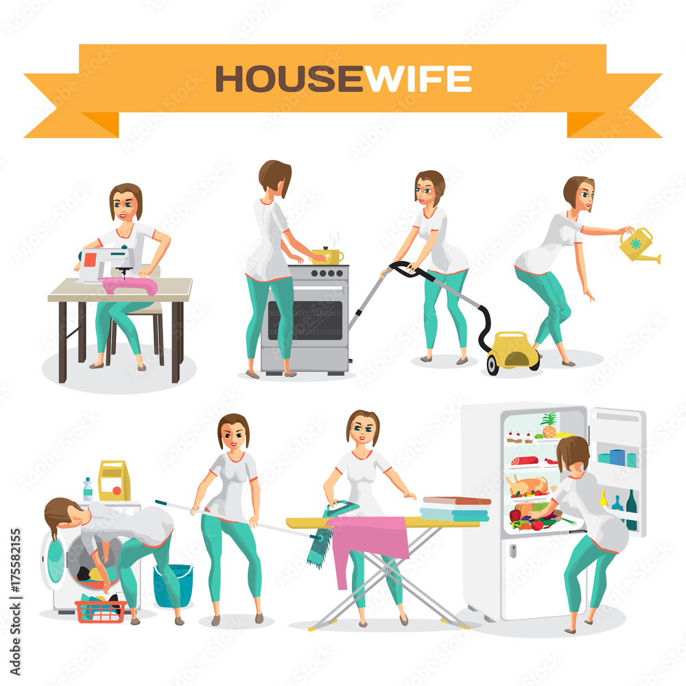 Set of woman housewife. Flat cartoon vector illustration