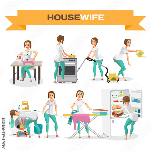 Set of woman housewife. Flat cartoon vector illustration