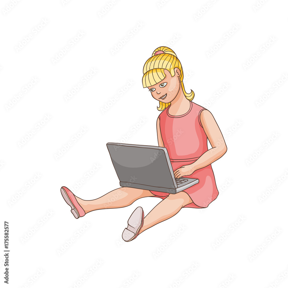 Pretty girl using laptop sitting on the floor, flat cartoon vector illustration isolated on white background. Full length, front view portrait of teenage girl sitting on the floor with laptop computer Pretty girl using laptop sitting on the floor, flat cartoon vector illustration isolated on white background. Full length, front view portrait of teenage girl sitting on the floor with laptop computer