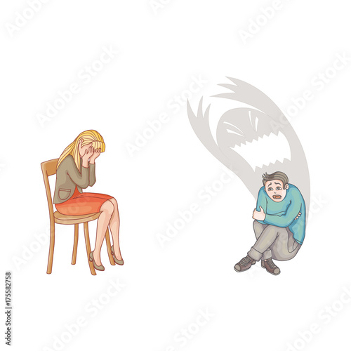 vector flat people suffering from mental illness set. Man sitting holding his knees with monster shadow behind in depression fear, woman crying in grief. Isolated illustration on a white background.