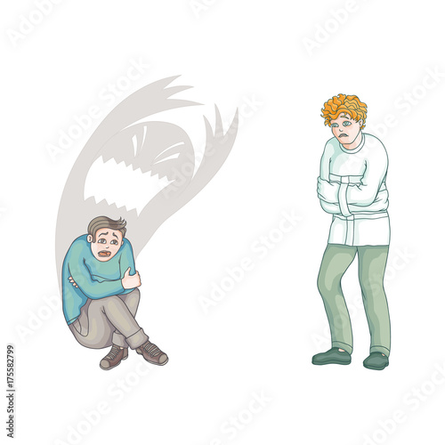 vector flat men in Psychiatric hospital uniform and straitjacket suffering from anxiety, another male character sitting with monster shadow behind him. Isolated illustration on a white background.