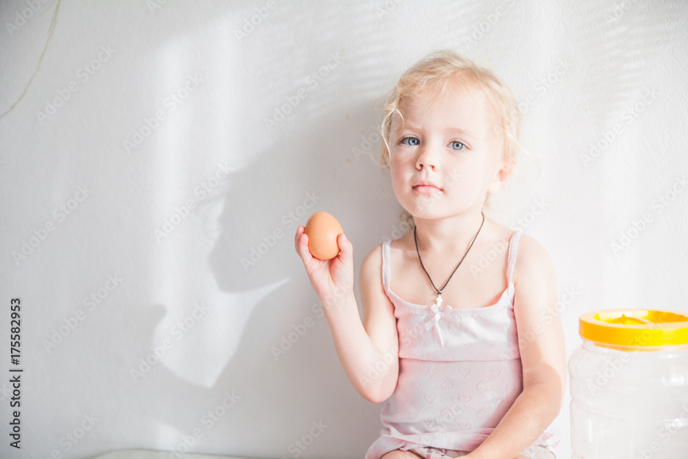 Little Caucasian Girl Cooking in Kitchen Home Early Education Development Apron Ingredients Dough Banana Pancakes Preparation Little Caucasian Girl Cooking in Kitchen Home Early Education Development Apron Ingredients Dough Banana Pancakes Preparation