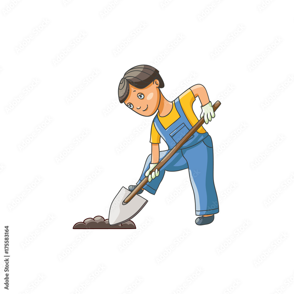 Teenage boy in gardening gloves digging ground with shovel, flat cartoon  vector illustration isolated on white background. Full length portrait of  boy, kid, child digging ground, helping in garden Stock Vector |