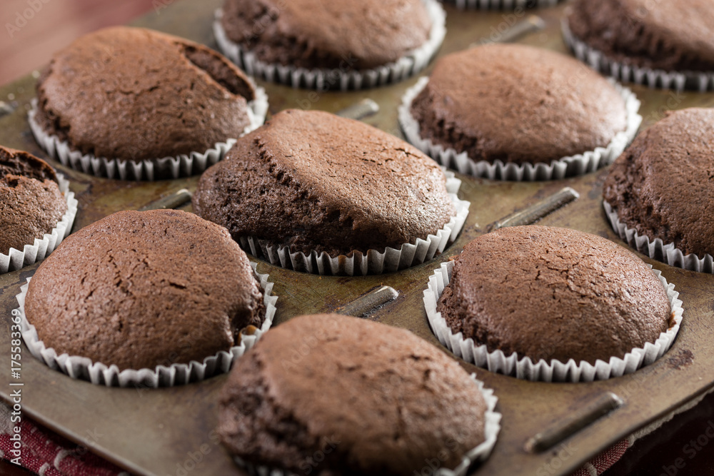 Selective focus on fresh baked chocolate cup cakes in the baking tray