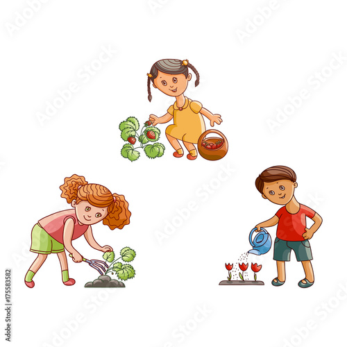 vector flat children at garden scene set. Girl holding basket collecting strawberries, another one loosening soil, boy watering tulip flowers by can. Isolated illustration on a white background.