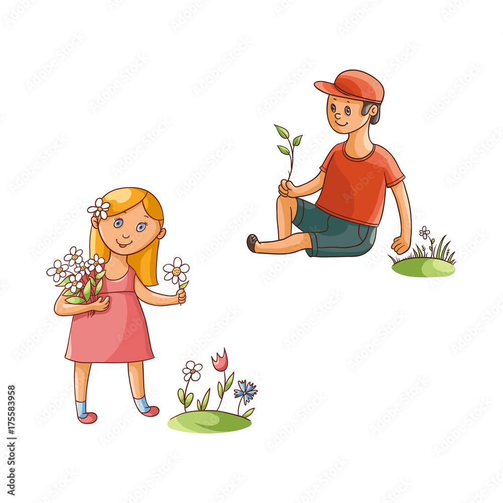 vector flat cartoon teen children - boy and girl collecting field flowers - chamomile, cornflowers at summer. Kids at farm concept. Isolated illustration on a white background. vector flat cartoon teen children - boy and girl collecting field flowers - chamomile, cornflowers at summer. Kids at farm concept. Isolated illustration on a white background.