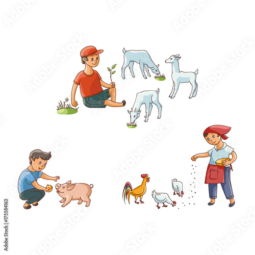 vector flat teen children at countryside scenes set. boy shepherd farmer sitting at meadow grazing goats on pasture, girl, boy feeding chickens and pig. Isolated illustration on a white background.