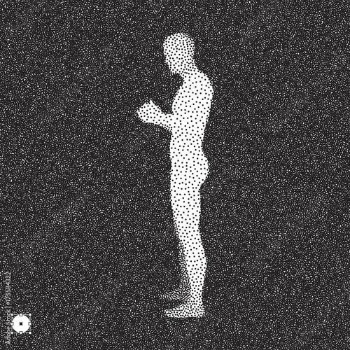 Man stands on his feet. 3D model of man. Black and white grainy dotwork design. Stippled vector illustration.