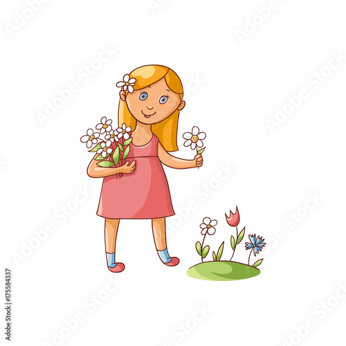 Cute little girl in summer dress picking flowers on the field, flat cartoon vector illustration isolated on white background. Hand drawn cartoon little girl picking flowers in spring, summer garden