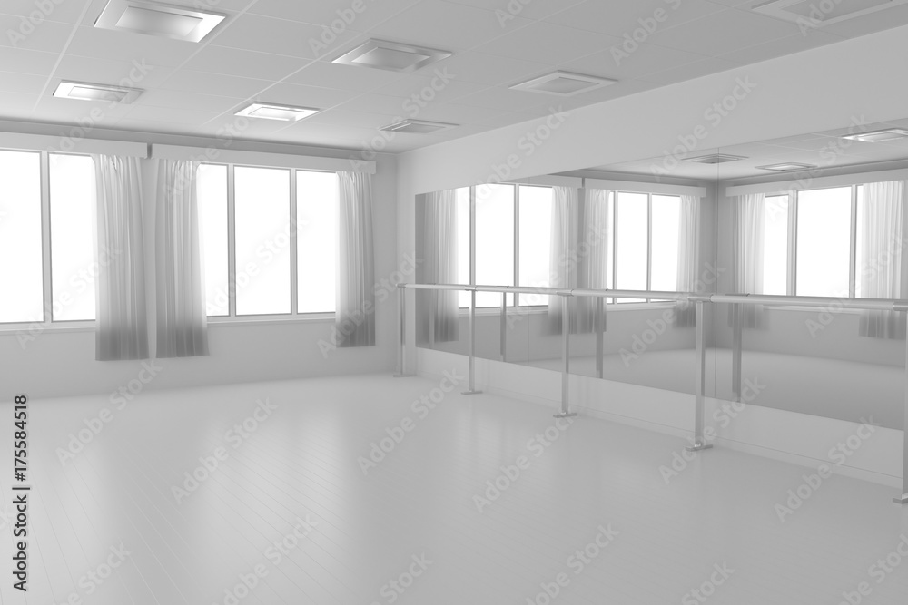 Fototapeta premium White empty training dance-hall with flat walls, white floor and window, 3D illustration