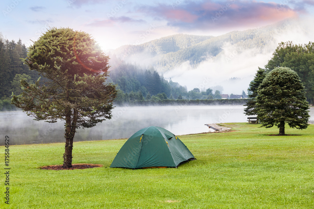 Camping near apline mountain lake
