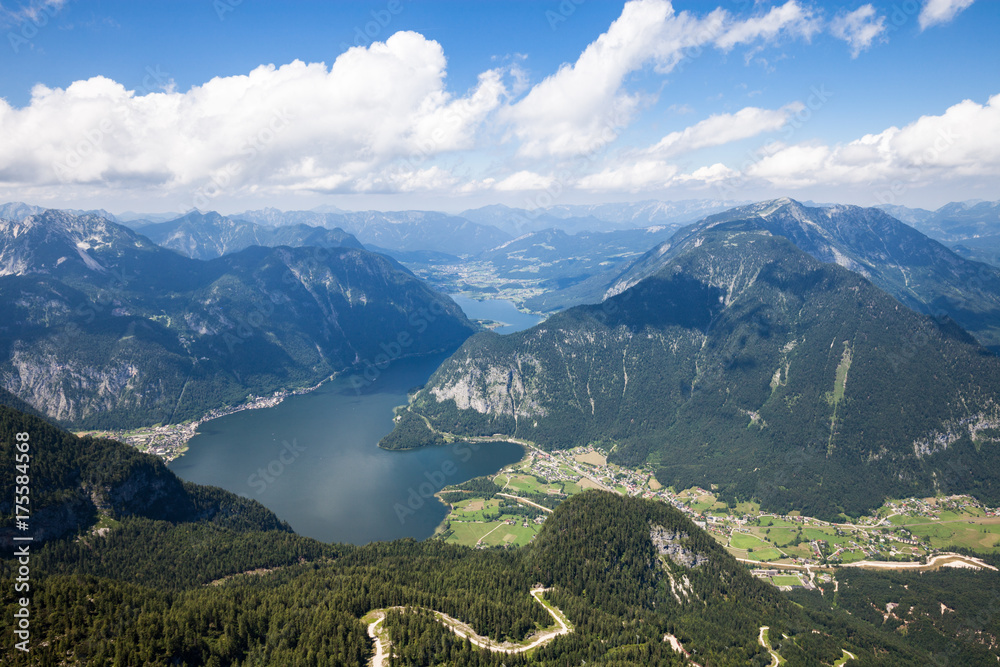Panoramic aerial view of Hallstatt lake and Alp mountain from high viewpoint Panoramic aerial view of Hallstatt lake and Alp mountain from high viewpoint