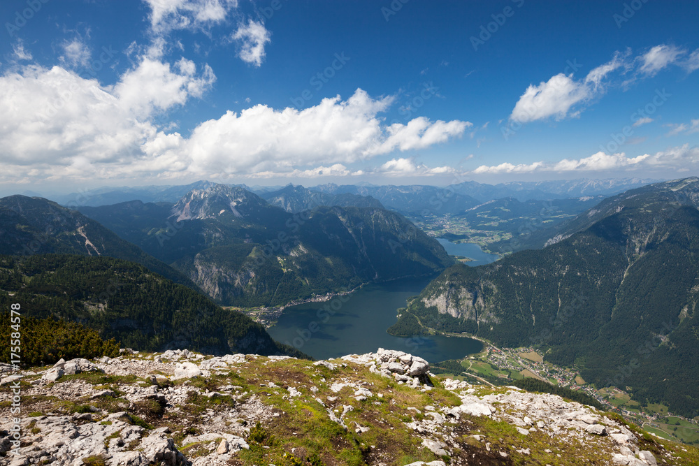 Panoramic aerial view of Hallstatt lake and Alp mountain from high viewpoint
