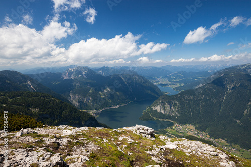 Panoramic aerial view of Hallstatt lake and Alp mountain from high viewpoint