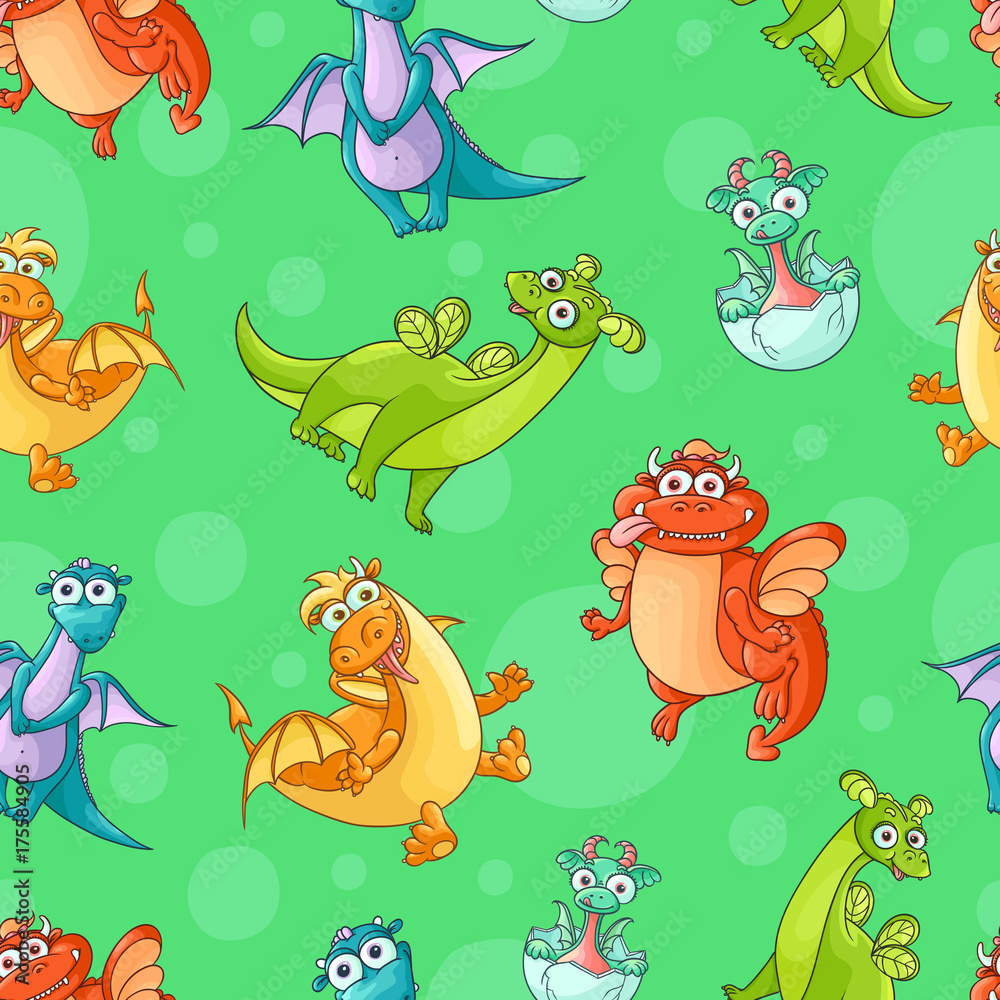 Naklejka premium Seamless pattern, backdrop design with funny hand drawn cartoon dragon characters, vector illustration on colorful background. Funny comic, cartoon style dragon characters, seamless pattern