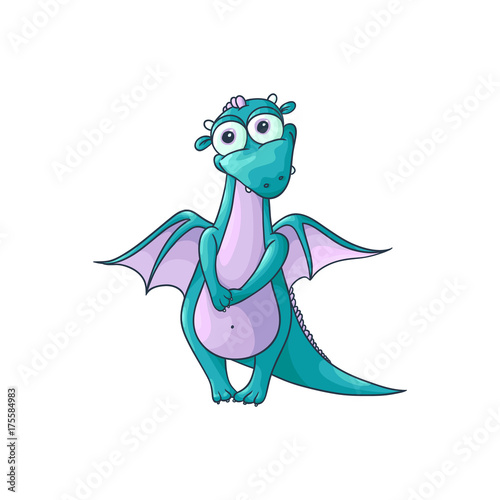 vector flat cartoon funny shy female blue dragon with red horns and wings sitting. Isolated illustration on a white background. Fairy mysterious cute creature character for design