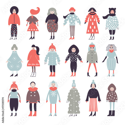 Set of a young women in winter clothes 