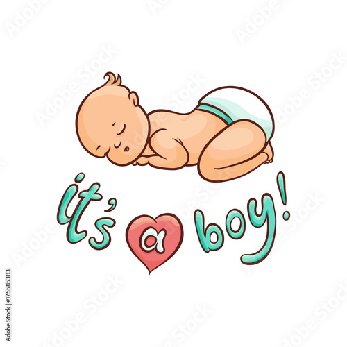 vector flat cartoon style newborn cute infant baby boy toddler in diaper or nappy sleeping lying on his back, it's a boy inscription. Isolated illustration on a white background.