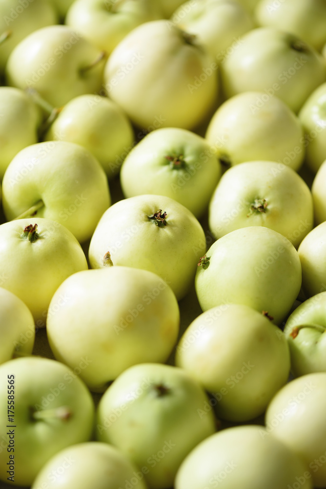 Top view of green apple. Background, concept, copy space, macro Top view of green apple. Background, concept, copy space, macro
