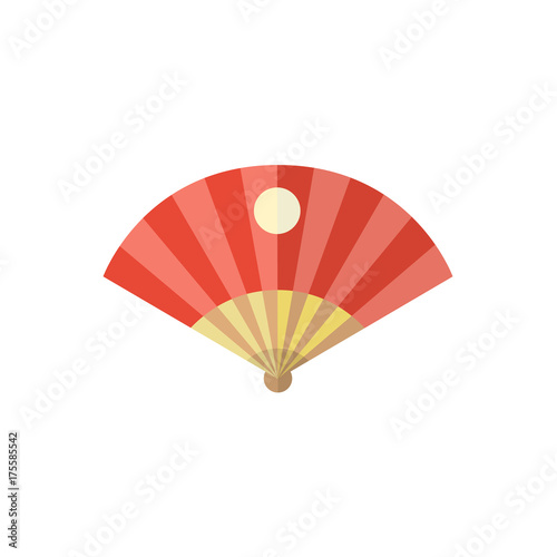 vector flat cartoon style japan symbols concept. Elegant red oriental folding fan with japanese sun sign icon. Isolated illustration on a white background.