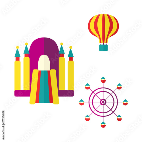 Hot air balloon, bouncy castle and Ferris wheel in amusement park, flat icon set, vector illustration isolated on white background. Flat balloon, inflatable bouncy castle and Ferris wheel icon set