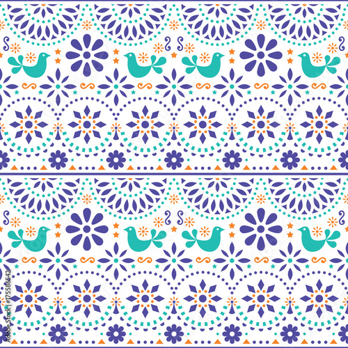 Mexican folk art vector seamless pattern with birds and flowers, colorful fiesta design inspired by traditional art form Mexico 
