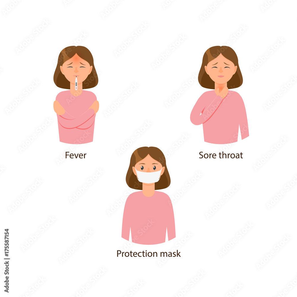 Vector young sick girls set suffering from different disease symptoms fever, sore throat. One girl wears protection mask. Flat isolated illustration on a white background. Illness concept Vector young sick girls set suffering from different disease symptoms fever, sore throat. One girl wears protection mask. Flat isolated illustration on a white background. Illness concept