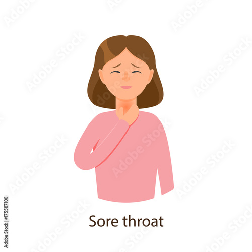 Vector young sick girl suffering from sore throat, holding on her neck. Flat isolated illustration on a white background. Illness and disease symptoms concept