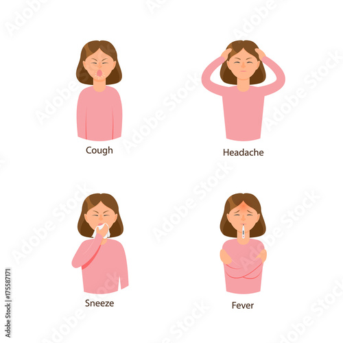 Vector young sick girls set suffering from different disease symptoms fever, headache, fatigue, cough and sneezing rhinitis. Flat isolated illustration on a white background. Illness symptoms concept
