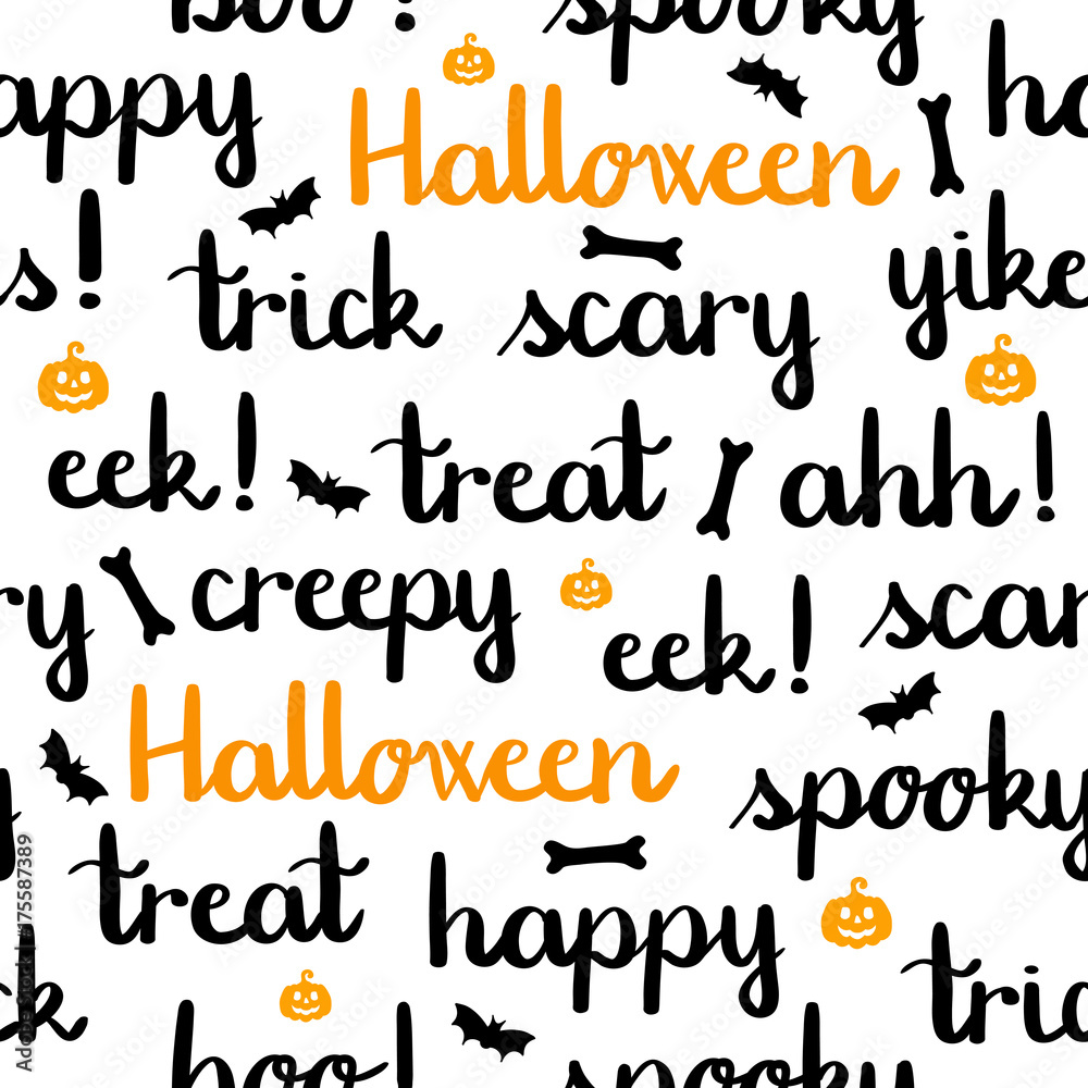 Halloween words lettering seamless pattern white background pumpkins Halloween words lettering seamless pattern white background pumpkins
