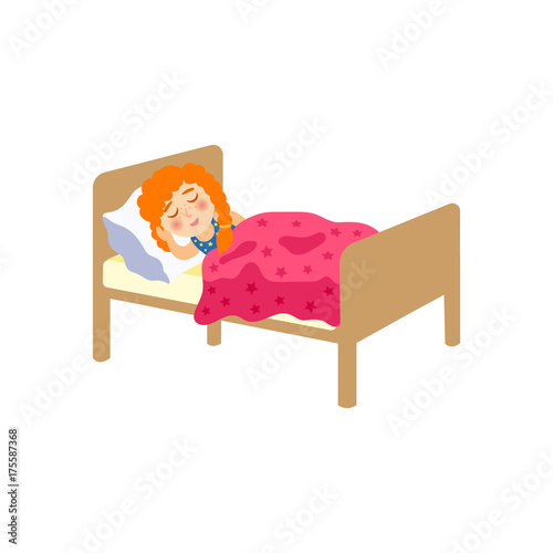 vector flat cartoon children at summer camp concept. Girl kid having rest sleeping in bed under blanket. Isolated illustration on a white background.