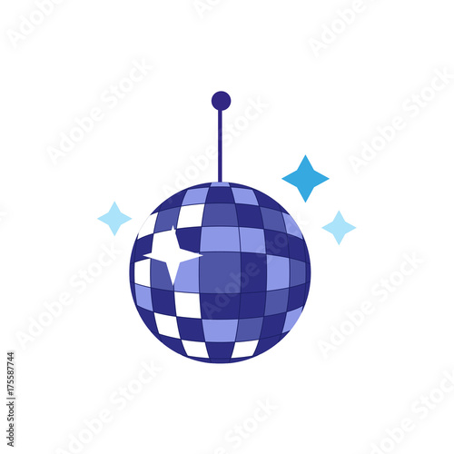 vector flat cartoon style blue shiny glossy disco ball sparcling with stars. Isolated illustration on a white background. Party attribute, retro symbol.