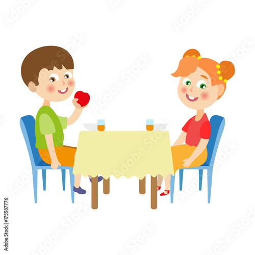 vector flat cartoon children at summer camp concept. Girl and boy kids sitting at big table eating vegetables, fruits and porridge holding forks spoons. Isolated illustration on a white background.