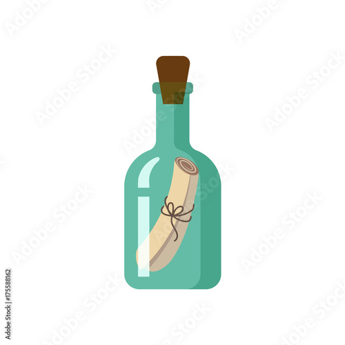 Message, letter, scroll in transparent green glass bottle, flat style cartoon vector illustration isolated on white background. Flat cartoon vector illustration of message in bottle