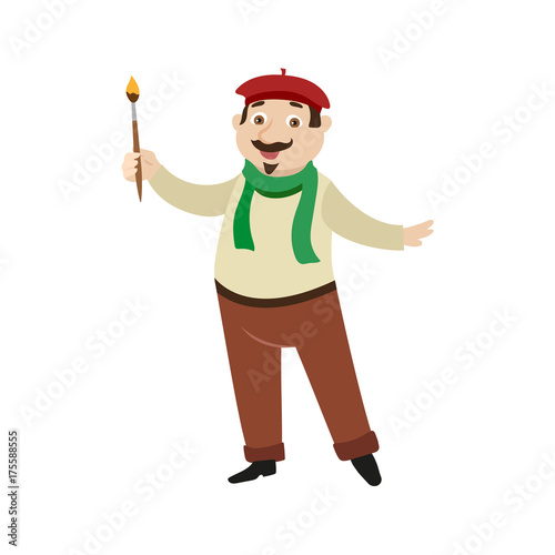 vector flat cartoon man artist painter wearing beret, scarf mustache holding brush. French parisian style male portrait full length. Isolated illustration ona white background