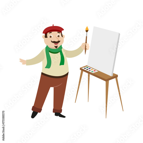 vector flat cartoon man artist painter wearing beret, scarf mustache drawing on easel canvas. French parisian style male portrait full length. Isolated illustration ona white background