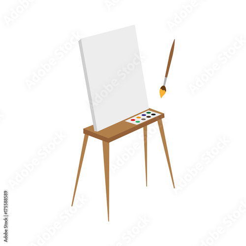 vector flat cartoon wooden easel with paints, empty canvas and painting brush. Isolated illustration on a white background. Drawing board with palette