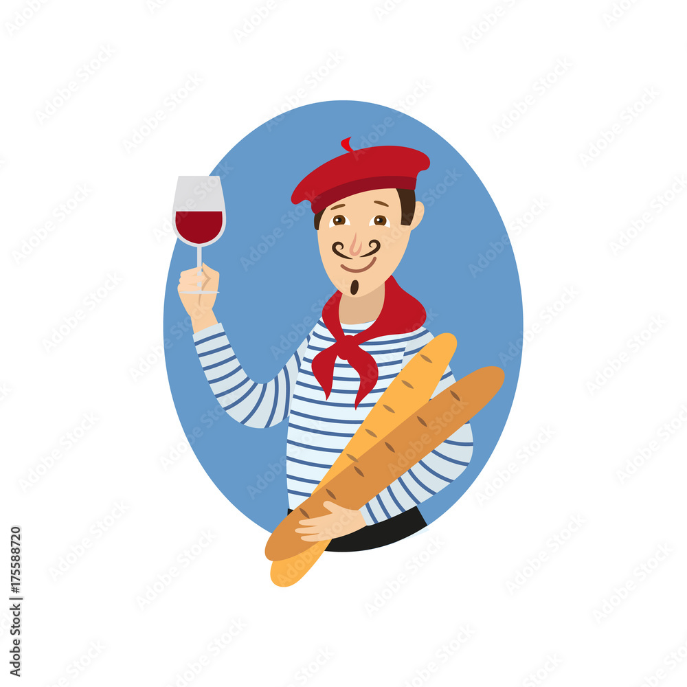 vector cartoon young man in scarf, striped pullover, beret holding baguette  bread loafs and glass of red wine. French parisian style male portrait.  Isolated illustration ona white background Stock Vector | Adobe