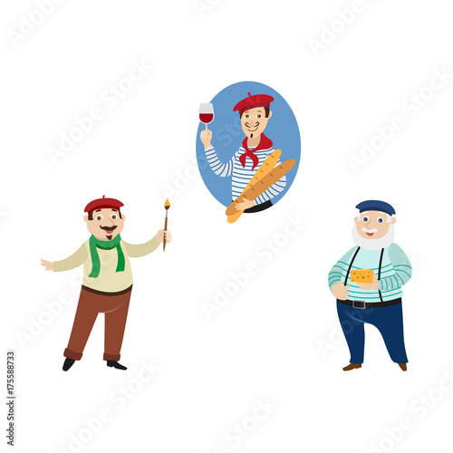 vector flat French parisian man with baguette and glass of wine, male character in pants on suspenders with cheese and painter arstist with brush set Isolated illustration ona white background