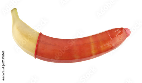 banana in red condom isolated on white background