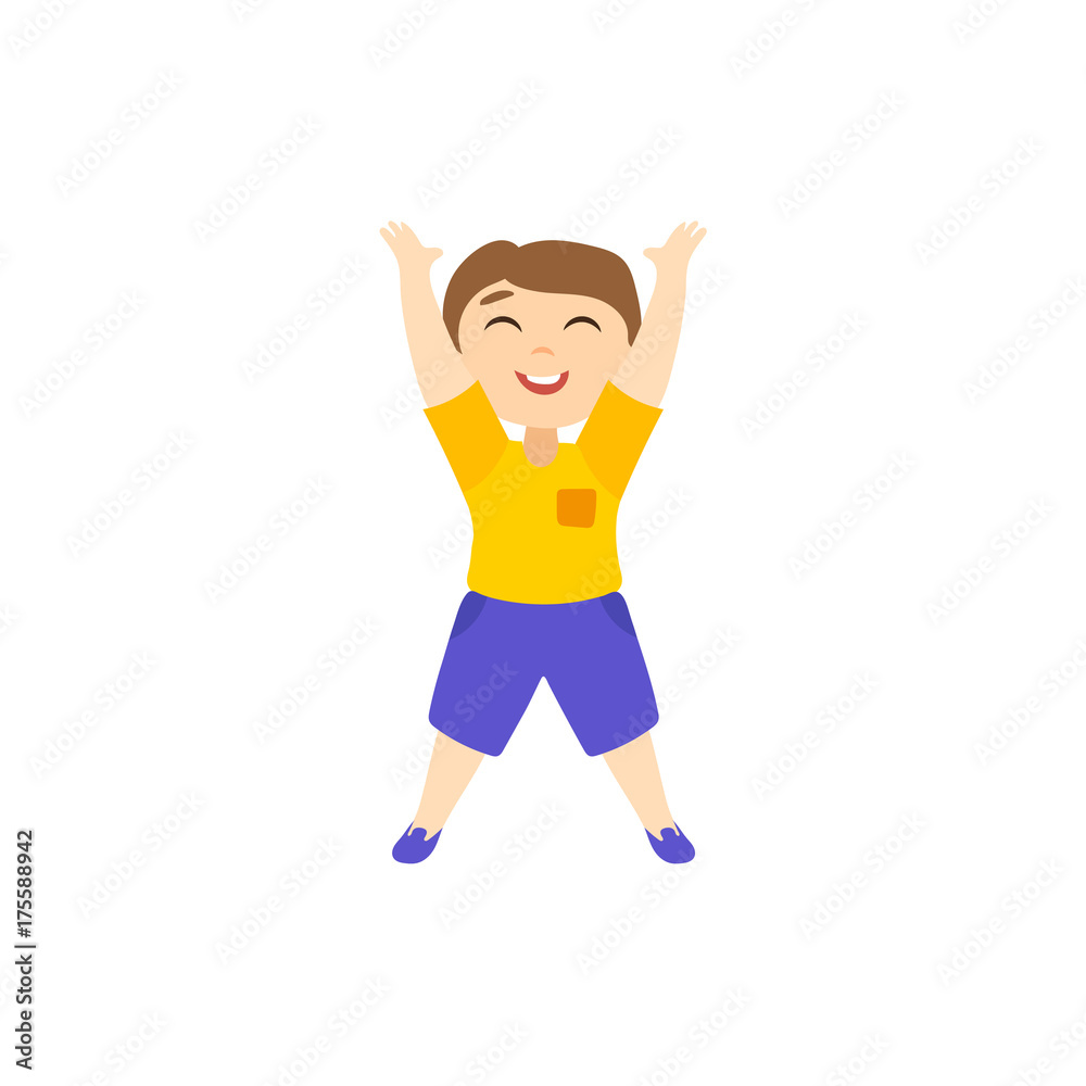 Vector flat cartoon boy character pulling his hands up to the sun isolated  illustration on a white background. Smiling cheerful child, kid icon image.  Stock Vector | Adobe Stock