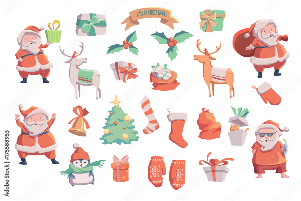 Christmas vector set. Vector illustration. Sketch with Santa Claus  christmas tree, bell, presents, deer, mittens.