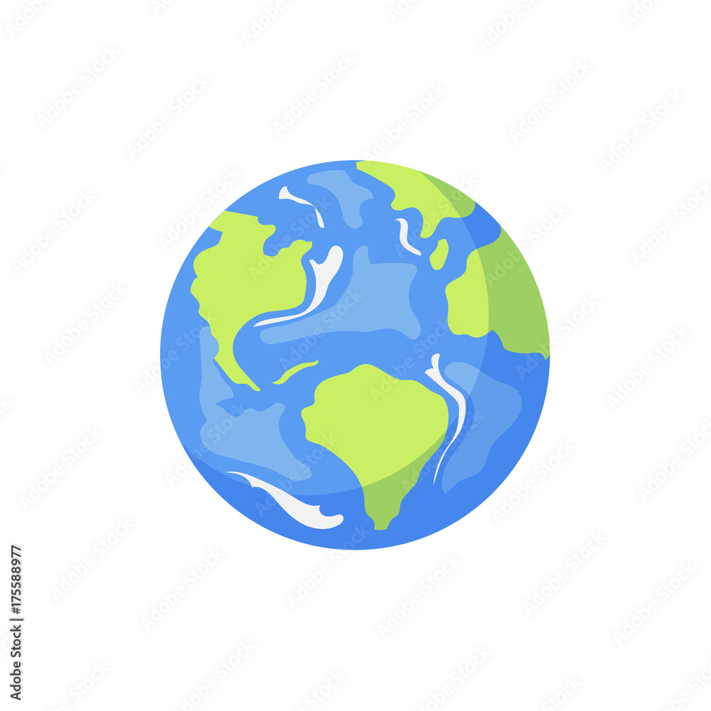 Vector cartoon flat globe illustration isolated on a white background. Flat earth planet with continents, oceans and clouds. Web icon design object . Save the planet concept Vector cartoon flat globe illustration isolated on a white background. Flat earth planet with continents, oceans and clouds. Web icon design object . Save the planet concept