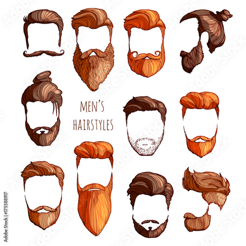 Set of men's hairstyles, mustaches and beards. Hand-drawn sketch. Vector Illustration.