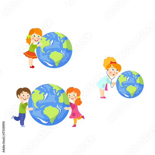 Vector children saving earth planet concept set. Flat cartoon happy girl, boy hugging earth globe planet, young doctor holding stethoscope examining lungs. Isolated illustration on a white background.