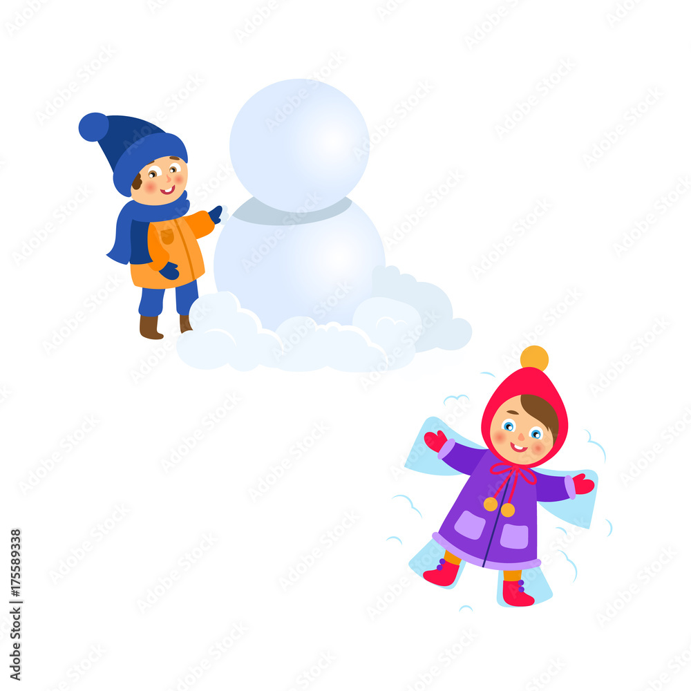 Naklejka premium vector boy making big snowball, girl lying in snow making snow angel set. Flat cartoon illustration isolated on a white background. Winter children activity concept